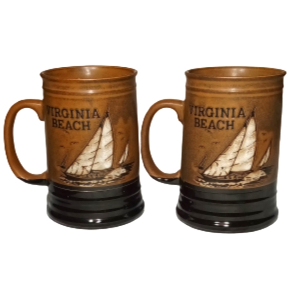 Set of 2 Virginia Beach Sail Boat Stoneware Souvenir Stein Mug 16oz